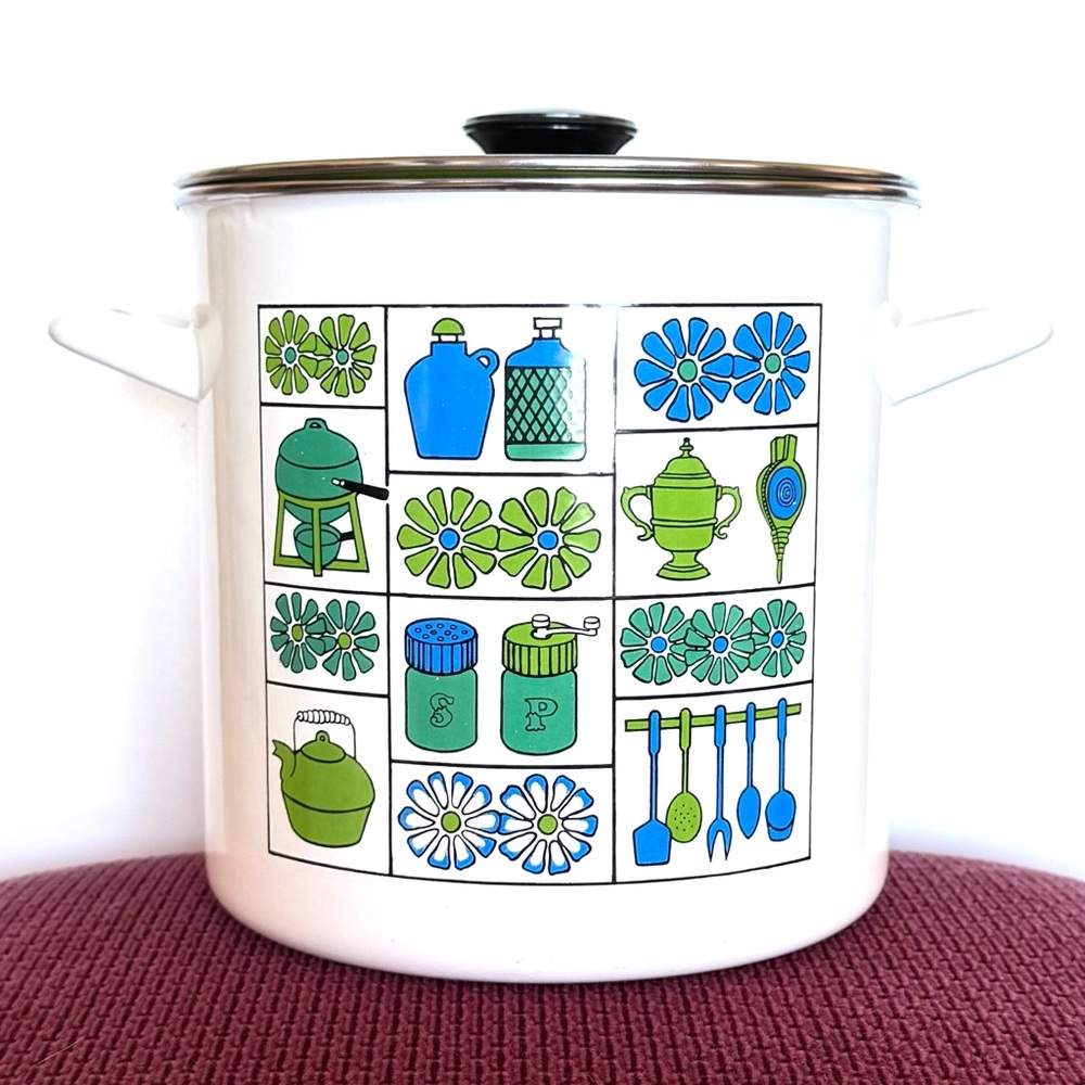 Vintage Enamelware 4 Qt Stock Pot Blue Green Retro EUC